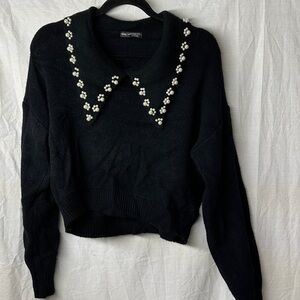 SHEIN Black Knit Crop Sweater with Pearl Collar Large BB8
